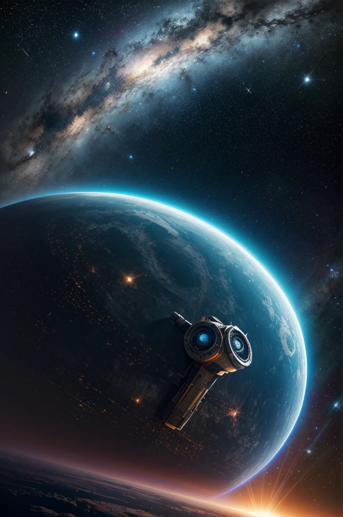Develop a high-quality image that depicts a futuristic space scenario. The center of the scene must be occupied by an advanced robot, with modern design and visible technical details, standing on a floating technology platform. Ao fundo, a vast stellar space filled with bright stars and nebulae, highlighting an imposing planet with visible rings in its orbit. The lighting should suggest the presence of a distant star, creating striking contrasts between light and shadow on the robot and the surrounding environment. The scene should convey a sense of exploration and discovery in the universe