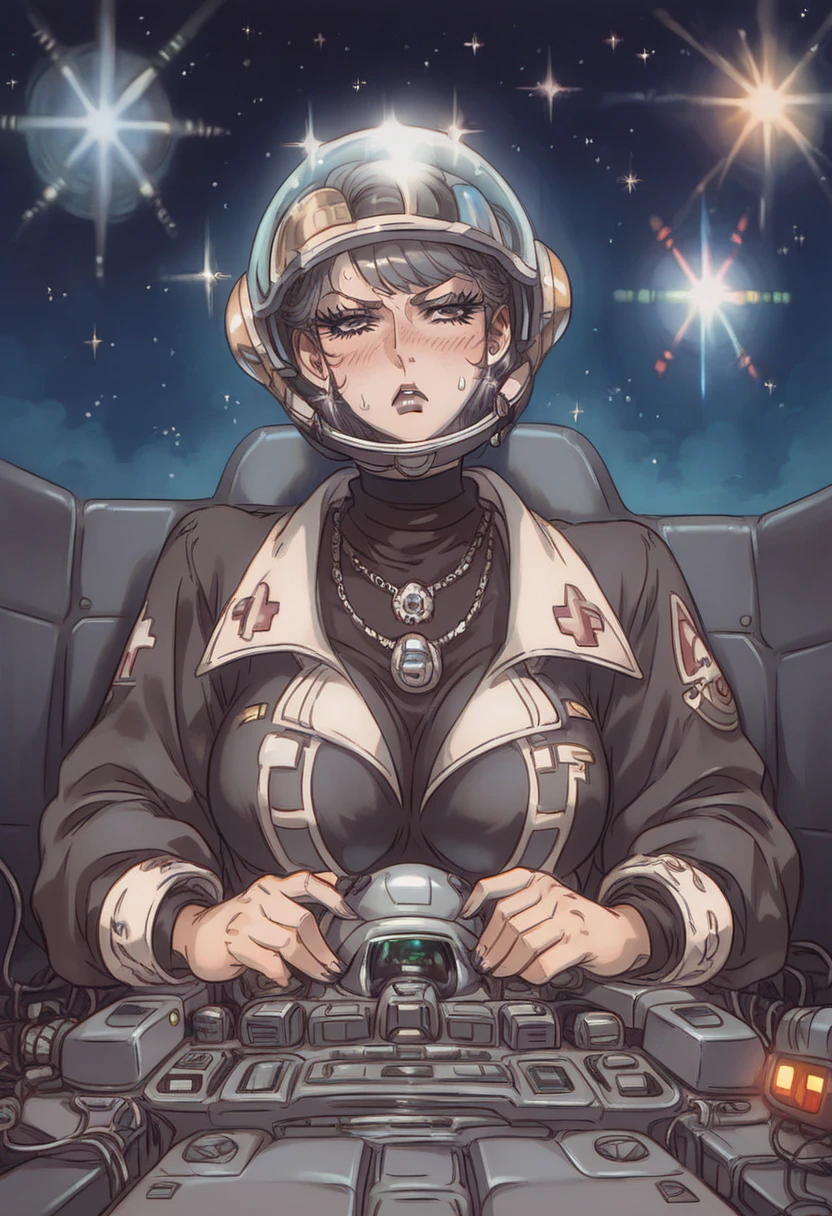 ((gothic vampire piloting in gothic spacecraft)), (((vintage anime))), ((from below)), ((120 fov)), ((((gothic control panels)))), ((mature)), (((gothic))), iridescent bodysuit, ((lace accessories)), ((pilot seat)), ((((lying back)) pose)), ((elegant)), (((serious tone))), futuristic, ((cockpit top control panel)), intricate control panel details, 1990s (style), [blushing], sweat, masterpiece, ((claustrophobic)), sparkles, best quality, screens, ((pilot helmet)), ((hands on controls)), night, space, ((cockpit lights))