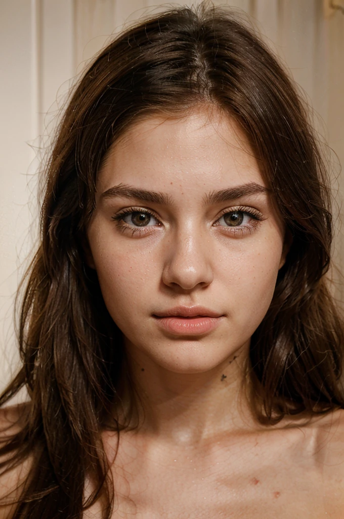 generate me a hyper-realistic image of the face of an 18 year old girl of European and American descent with perfect, well lined eyes and brown eyes, with brown hair, beautiful delicate lips and a thin upturned nose, straight hair,
