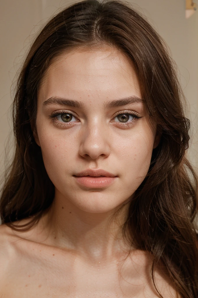 generate me a hyper-realistic image of the face of an 18 year old girl of European and American descent with perfect, well lined eyes and brown eyes, with brown hair, beautiful delicate lips and a thin upturned nose, straight hair,