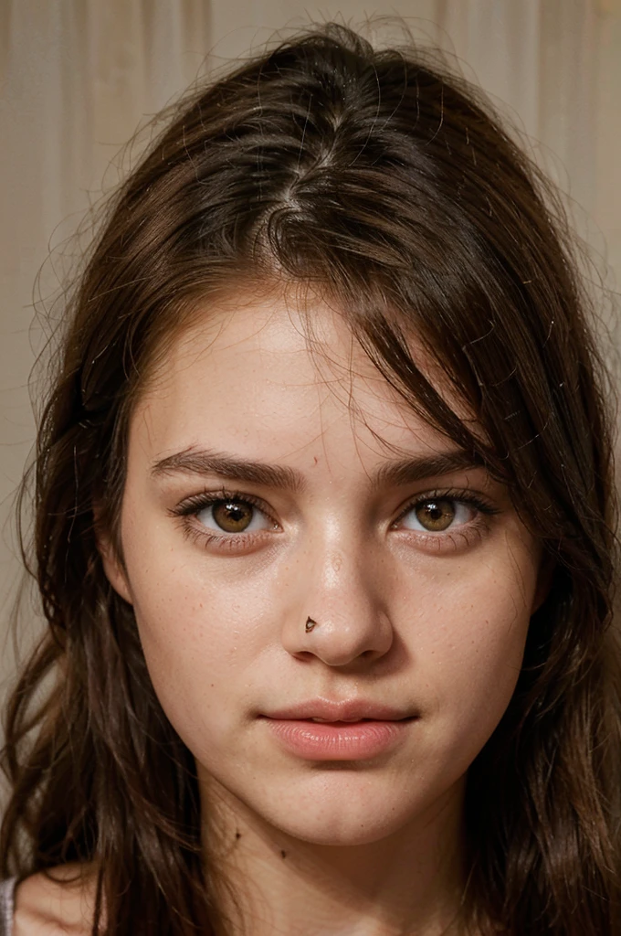 generate me a hyper-realistic image of the face of an 18 year old girl of European and American descent with perfect, well lined eyes and brown eyes, with brown hair, beautiful delicate lips and a thin upturned nose, straight hair,