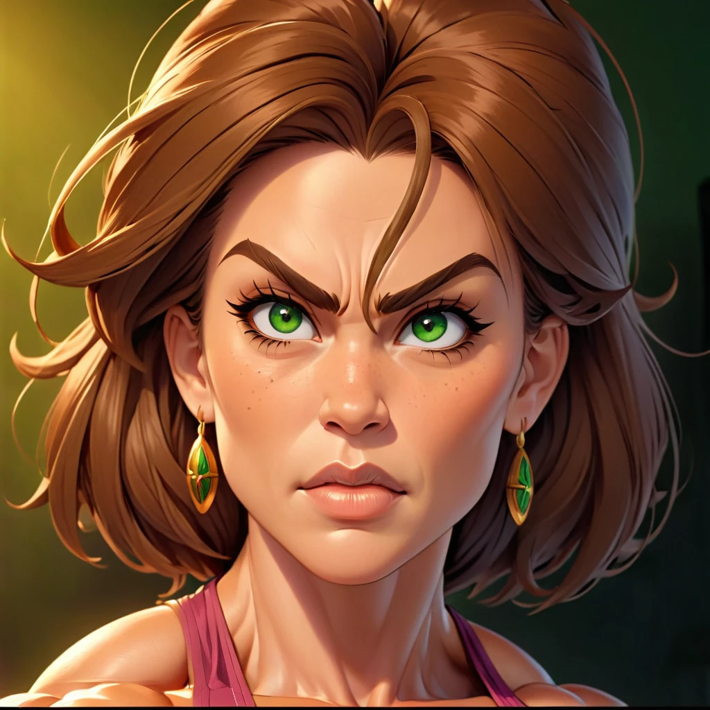 (masterpiece:1.2), (best quality), (ultra detailed), (8k, 4k, intricate),(full-body-shot:1), (highly detailed:1.2),(detailed face:1.2), (detailed background), muscle woman with brunette hair wearing green bikini flexing massive muscles, most muscular pose, woman with huge muscles, mature woman, stern expression, green eyes, angry expression