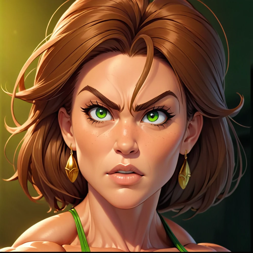 (masterpiece:1.2), (best quality), (ultra detailed), (8k, 4k, intricate),(full-body-shot:1), (highly detailed:1.2),(detailed face:1.2), (detailed background), muscle woman with brunette hair wearing green bikini flexing massive muscles, most muscular pose, woman with huge muscles, mature woman, stern expression, green eyes, angry expression