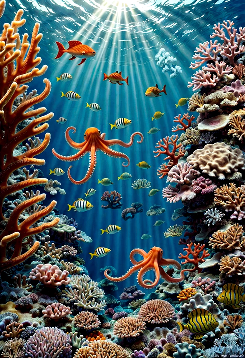 The background of the illustration is a wide and bright sea. octopus, There is a beautiful area of coral reefs in the sea,Corals are colorful and diverse,It emits a colorful glow,Small fish swimming freely.,The whole illustration is full of warmth and energy,Marine life swimming freely in a bright underwater world,It makes me feel calm and nice