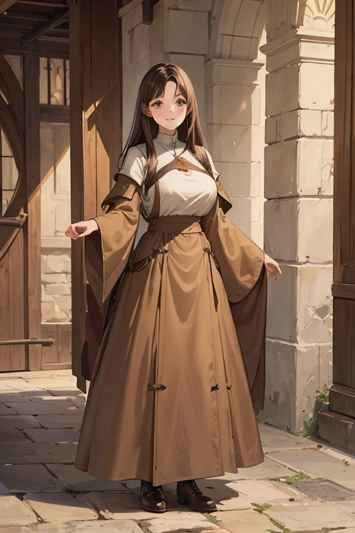 A straight haired brunette adult female standing on the ground, wearing loose brown smock dress with cuff sleeves, low neckline, medieval, brown hair, large long shaped tits, silly personalty, cute happy demeanor, sunny disposition, deredere,