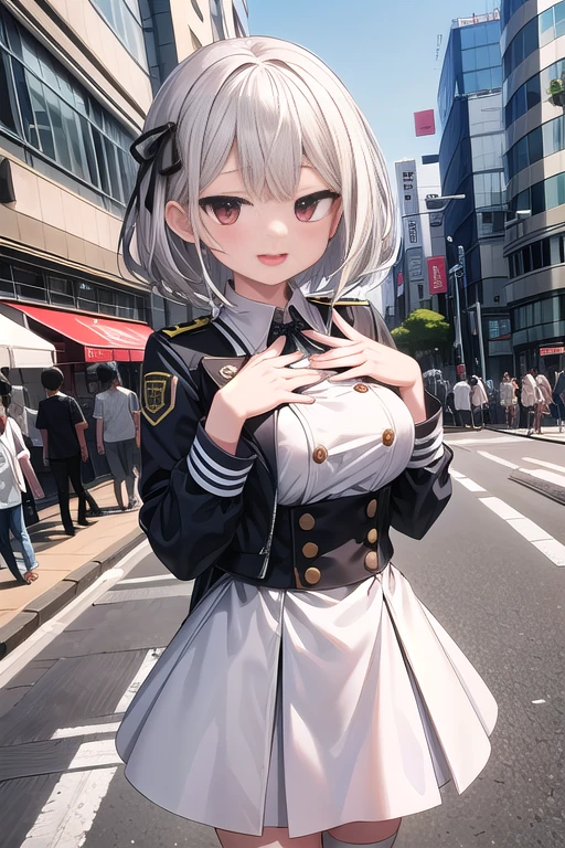 Very detailed, Absurd, Ultra-high resolution, Super detailed, Highest quality,
One girl, alone, Nice hands, perfect hand break
(Wearing uniform),
Smile, smile, Open your mouth,
OjouSamaPose, Cowboy Shot, View your viewers,
Break Slender, cute, Perfectly symmetrical face, 超cute girl, 超cute face, Very detailed目, Super detailedな髪, 超cute, Super beautiful,
Break in Harajuku, Shibuya Ward, Tokyo, street, crowd, Cityscape,
Medium Breast Break
(White medium hair, Dark red eyes)