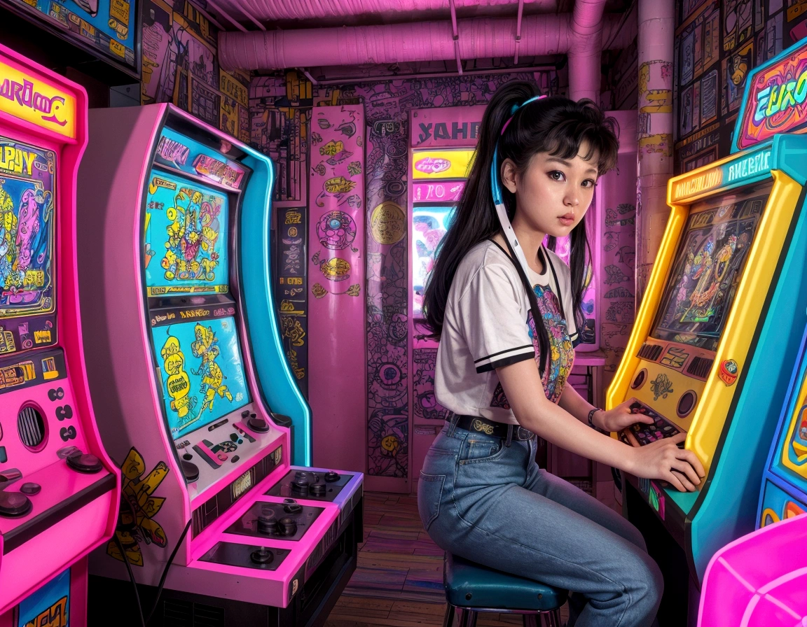 Design an 80s-inspired print, with elements such as cassette tapes, arcade games and neon colors