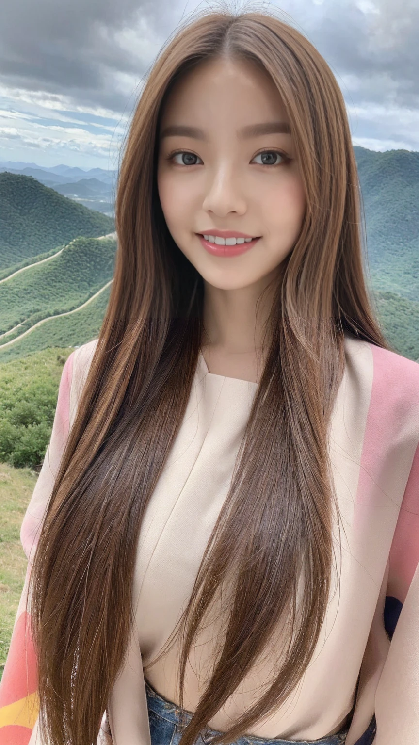 ((Highest quality, 8,000 people, masterpiece: 1.3)), 1 female, (Hairstyle Casual, Huge breasts:1.3), trend:1.2, Ultra Fine Face, Fine grain, double eyelid, smile, ditch, Long legs, Naughty look, (Behind me is a vast and beautiful landscape.:1.3), Blonde woman with wavy hair, (Mr.々Material, Colorful clothing:1.4), Small face, Beautiful body,