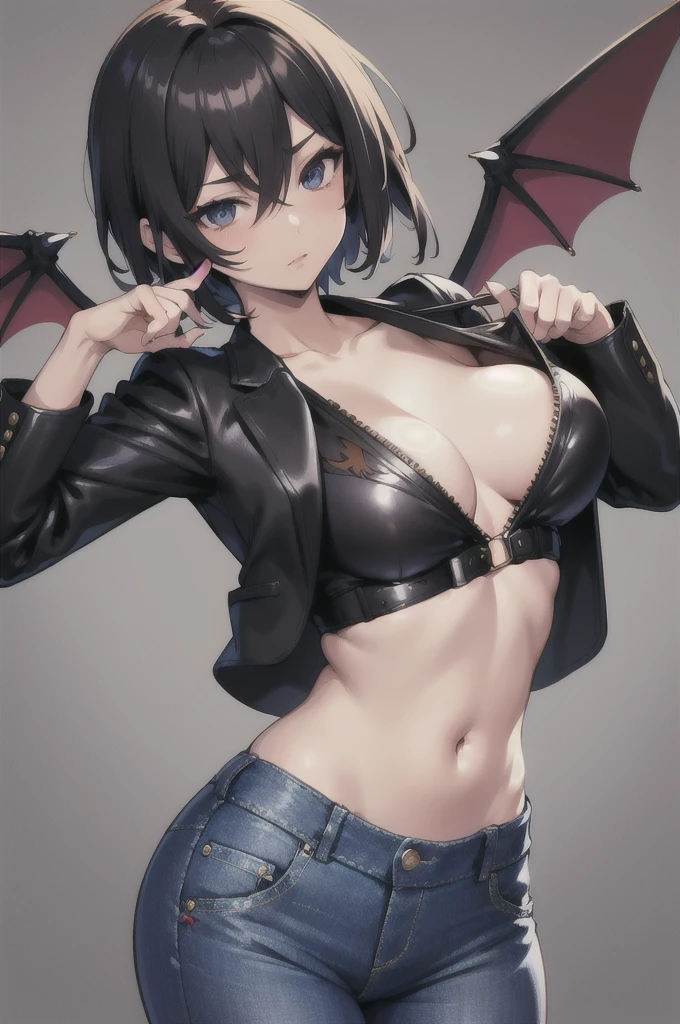 masterpiece, high quality,1girl,solo,middle  , short hair, (hair between eyes),(00BFFE pixie cut), Bat wings, Disappointed face,(Embroidered sweater, Cropped flare jeans, Leather blazer)