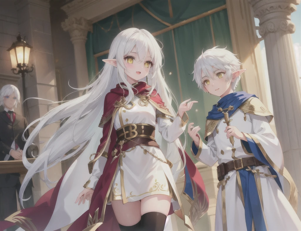 Create a girl and a boy of elf race with white hair and yellow eyes