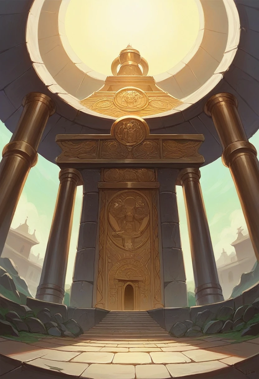 Generate an image of the Beautiful Gate from the Bible. The gate is ornate with gold, silver, and precious stones. A man lame from birth is sitting on the ground, with Peter and John standing nearby. The background shows the ancient Temple in Jerusalem. The image should be colorful and inspiring, with a sense of hope and healing