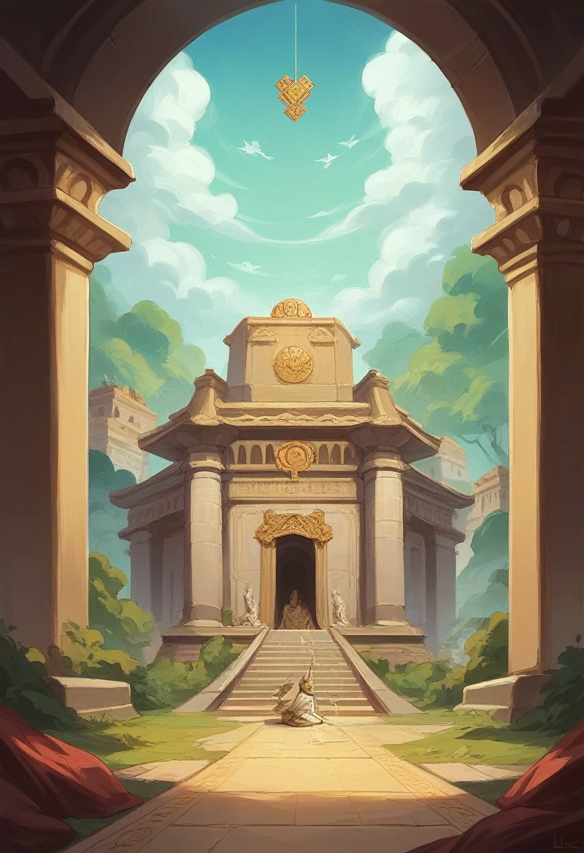Generate an image of the Beautiful Gate from the Bible. The gate is ornate with gold, silver, and precious stones. A man lame from birth is sitting on the ground, with Peter and John standing nearby. The background shows the ancient Temple in Jerusalem. The image should be colorful and inspiring, with a sense of hope and healing