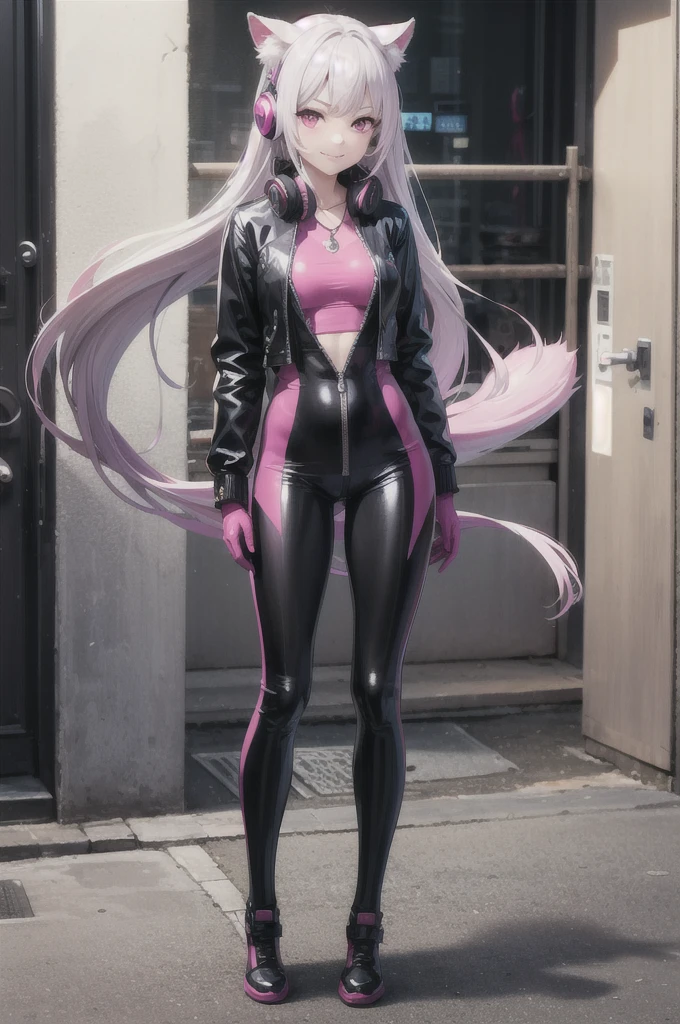 (Photorealistic:1.4)、maximum quality、超High resolution、
4K, instagramart,
highy detailed、
Alice\(to wave\)、body rosa 、animal ear 、mitts 、earbuds 、headphone headset、
jaket 、Pink latex bodysuit 、pink eyes 、twin-tail 、White Glove 、White hair、
Virtual Girl - Mira 、medium chest 、longye hair 、crystal pendant 、a smirk、
photo by full body 、Colossal