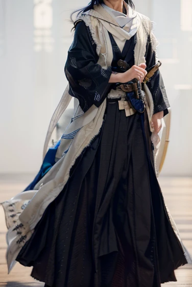 <realistic, intricate details, cinematic, 4k, uhd, ultrarealistic, photorealistic, insanedetails, masterpiece), a beautiful man of 20 years old, with whiteband black decourated kimono, katana), blue foulard, black hairs