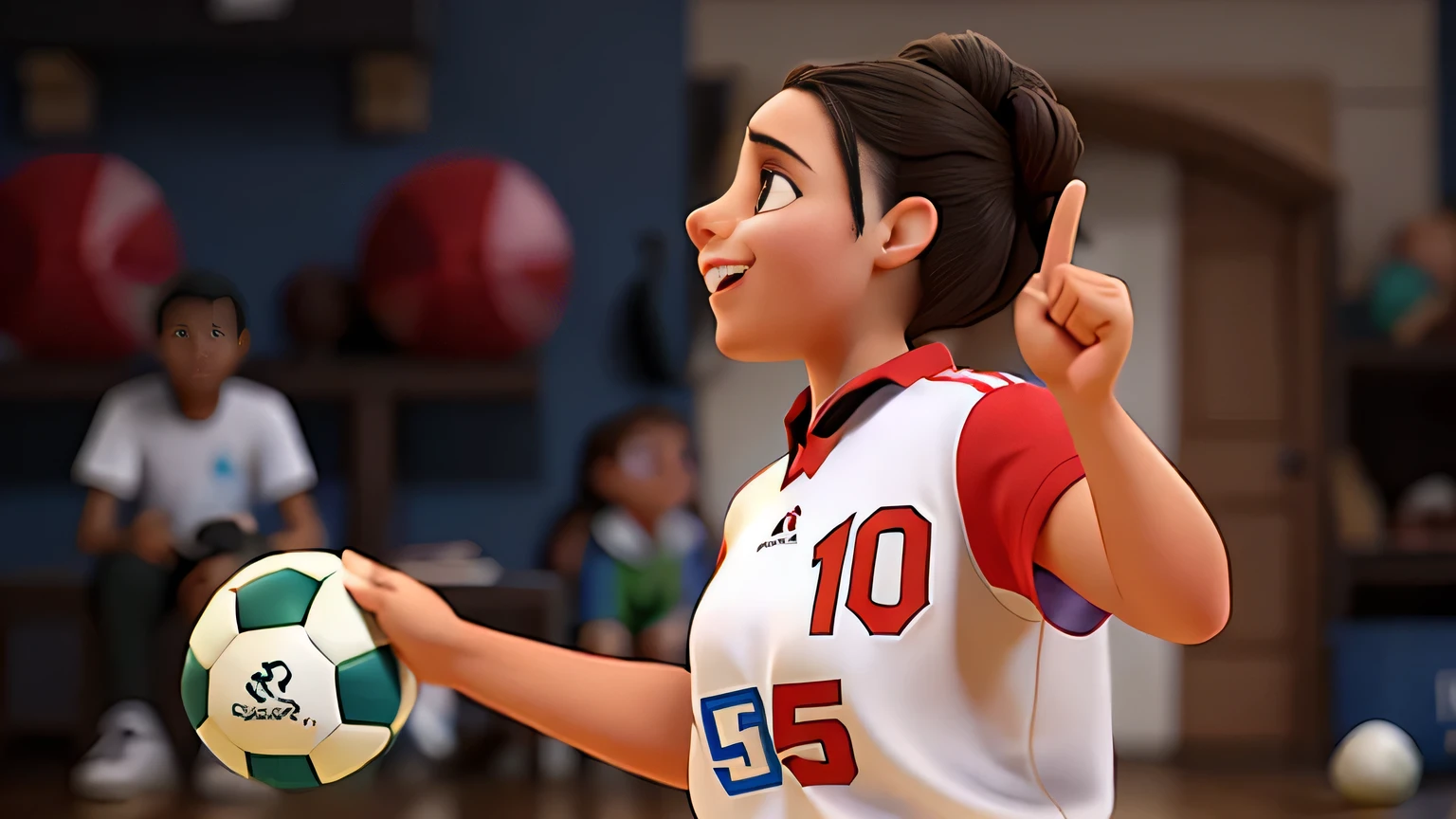 handball player giving instructions with the ball in her hand and smiling. In Pixar style