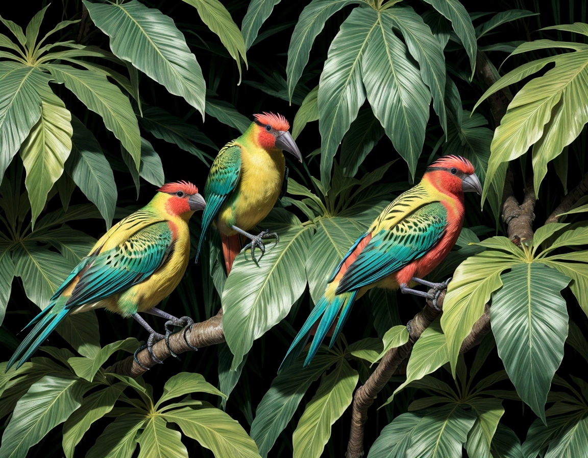 Create a print featuring a variety of tropical birds against a background of dense, colorful foliage