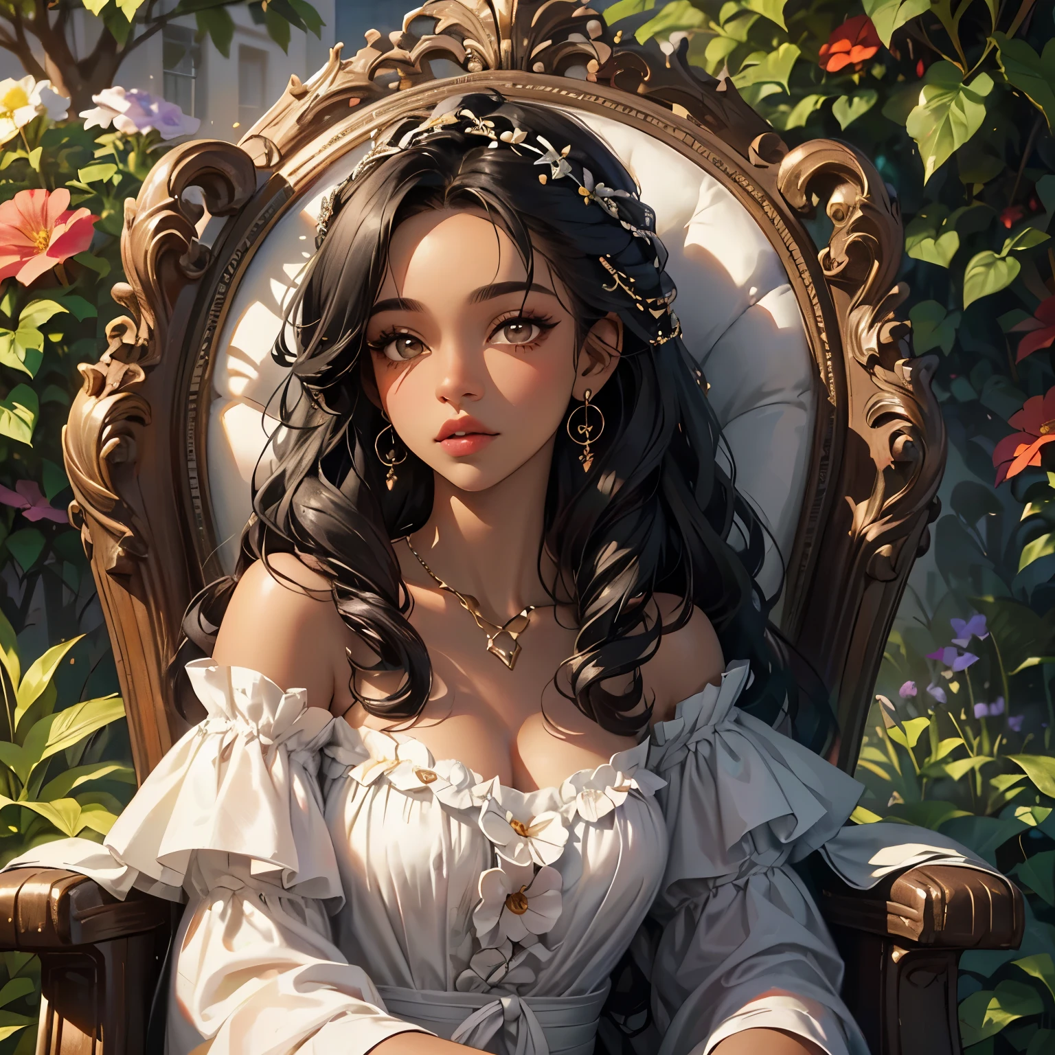 close up of a Young woman with dark skin and black hair with lots of curls, artistry, colors, creative, surreal, awesome, sitting on a chair in the garden with flowers, vibrant
