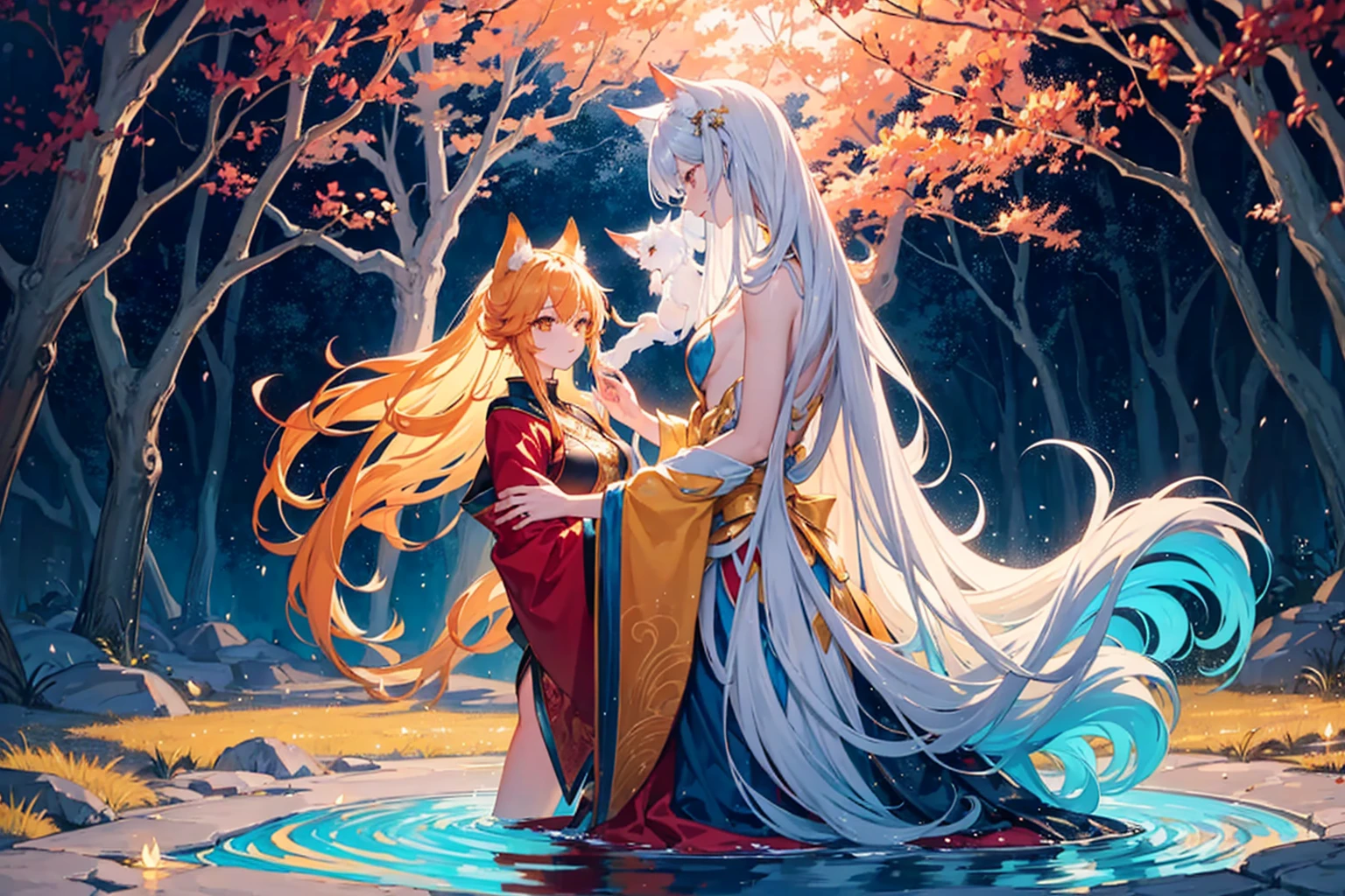 "Create a wallpaper featuring a golden kitsune dressed in a flowing red robe in an enchanted forest. The forest is bathed in ethereal blue moonlight, with dense, ancient trees whose twisted branches form an intricate canopy. The forest floor is covered in a thick, ghostly mist, with bioluminescent plants and fungi adding a mystical glow.
Include the following elements:
Kitsune: A beautiful golden kitsune with multiple tails, each tipped with a soft blue glow. She is dressed in an elegant red robe that contrasts vividly with her golden fur. Her eyes shine with an ethereal light.
Trees: Gnarled and twisted with dark, rough bark. Leaves are a mix of deep green and midnight blue, shimmering under the moonlight.
Flora: Exotic, otherworldly plants with luminous blue petals and leaves.
Water Feature: A tranquil pond reflecting the blue moonlight, with subtle ripples.
Capture a mood of serenity and eerie mystery, evoking a sense of wonder and magic. Use predominantly dark tones—deep blacks and midnight blues—with contrasting luminous blues, silvers, and the striking reds and golds of the kitsune. Add thick, swirling fog and subtle sparkles of light suggesting magical energy."