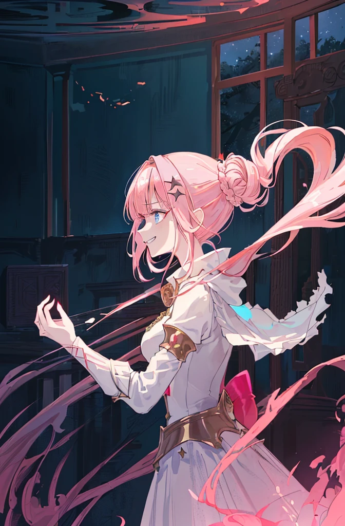 [(conversation room Background:1.4)::5],Original,(Illustration:1.1),(Best Quality),(masutepiece:1.1),(the Extremely Detailed CG Unity 8K Wallpapers:1.1), (Colorful:0.9),(mid-shot:0.95),(very detailed beautiful upper body),Dynamic Angle,(Solo:1.2), (girl),(((Adult))), (Detailed beautiful eyes:1.15), (Beautiful face:1.15), (glowing sky blue eyes:1.25////),(jewely eyes),(pink medium hair),(Blunt bangs),(half updo),(Red Star Hairpin),(+perfect hand+:1.21),(Draw an illustration of a fantasy girl),(Religious),(Wearing fantasy knight clothes),(white knight),(Contempt and contempt),Furious,(Beautiful Slender Girl),((Adult)),((furious laugh)),((evil smile)),((upper body)),((windows in her behind)),(((in the conversation room))),