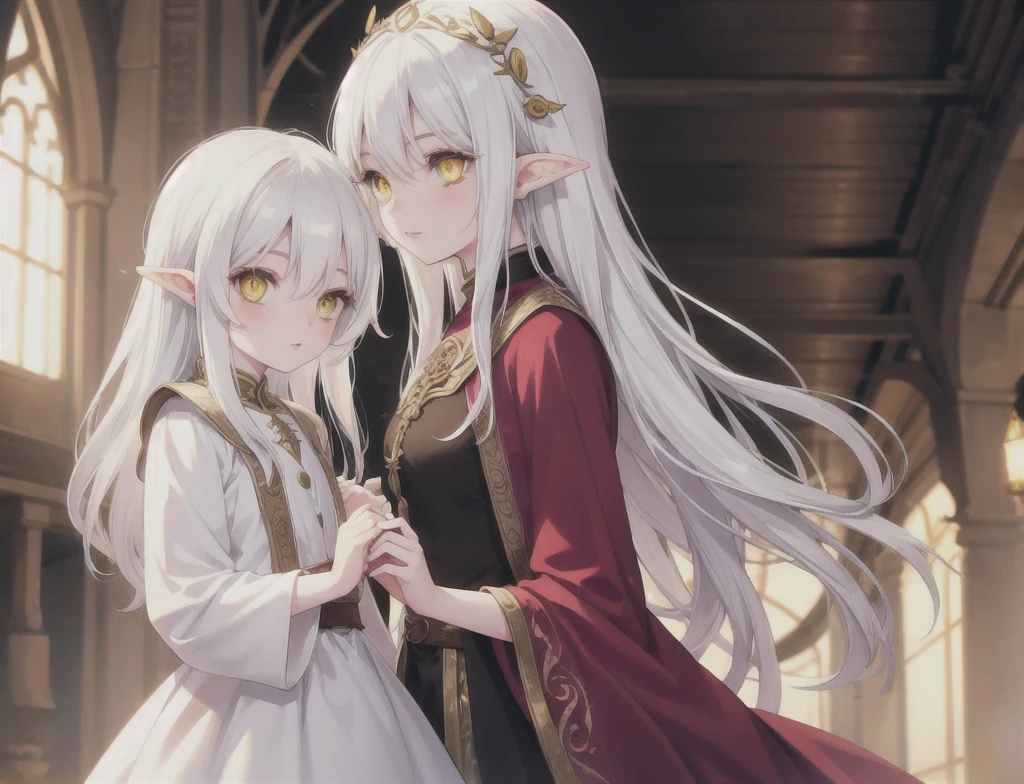 Create two elven babies with white hair and yellow eyes. 