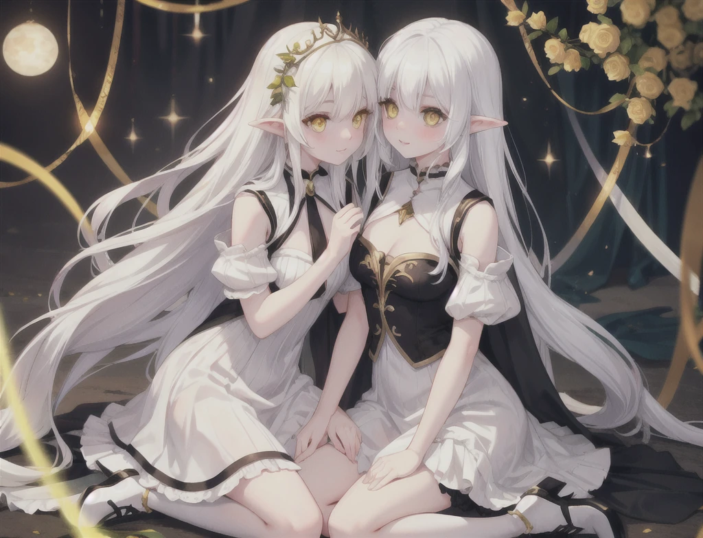 Create two elven babies with white hair and yellow eyes.