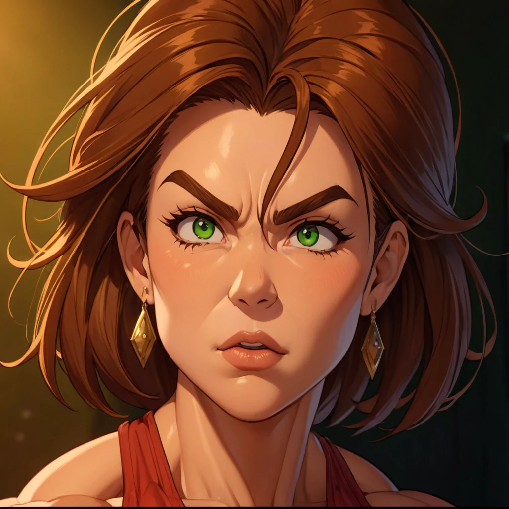 (masterpiece:1.2), (best quality), (ultra detailed), (8k, 4k, intricate),(full-body-shot:1), (highly detailed:1.2),(detailed face:1.2), (detailed background), muscle woman with brunette hair wearing green bikini flexing massive muscles, most muscular pose, woman with huge muscles, mature woman, stern expression, green eyes, angry expression