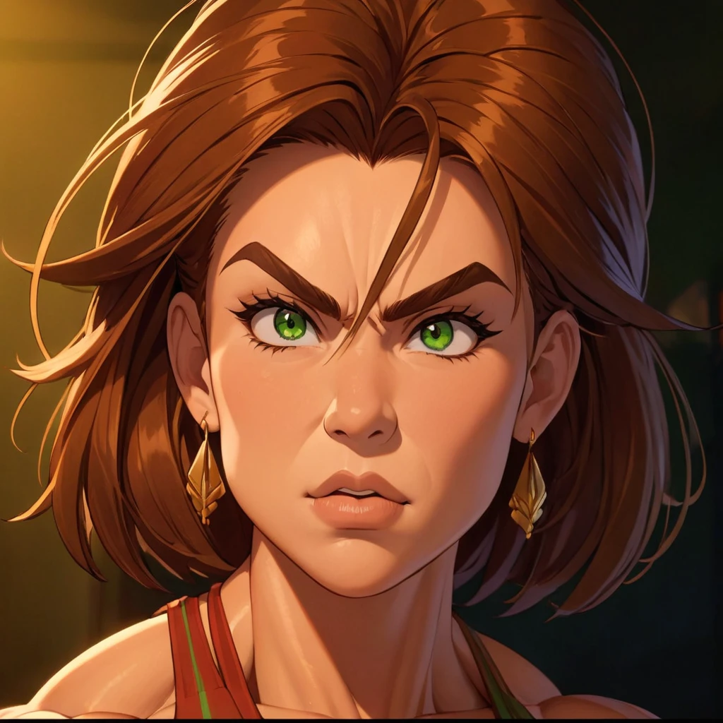 (masterpiece:1.2), (best quality), (ultra detailed), (8k, 4k, intricate),(full-body-shot:1), (highly detailed:1.2),(detailed face:1.2), (detailed background), muscle woman with brunette hair wearing green bikini flexing massive muscles, most muscular pose, woman with huge muscles, mature woman, stern expression, green eyes, angry expression