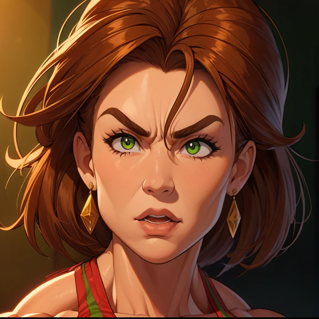 (masterpiece:1.2), (best quality), (ultra detailed), (8k, 4k, intricate),(full-body-shot:1), (highly detailed:1.2),(detailed face:1.2), (detailed background), muscle woman with brunette hair wearing green bikini flexing massive muscles, most muscular pose, woman with huge muscles, mature woman, stern expression, green eyes, angry expression