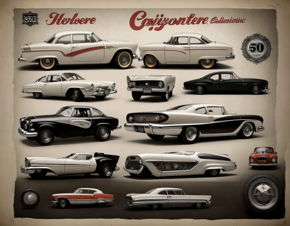 Develop a shirt print with a vintage classic car design, with a 50s aesthetic