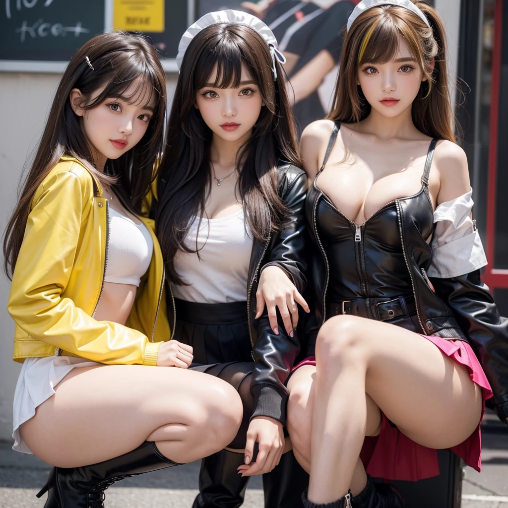 bangs down,beautiful girl,Maid clotheasterpiece,perfect face,perfect breasts,long hair,Outstanding style,stimulating,Cute outfits,Horny girl,double eyelid,Naughty Girls,Erotic and cute,mini skirt,ribbon on uniform,colorful hair color,yellow eyes,leather jacket,horny girl,Knee-high boots,
Colorful,multicoloured,future fashion,smile,,zipper bra,Multicolored clothing