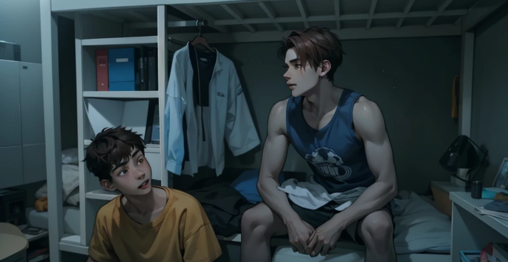 There are two young men, 16 years old, with brown hair, they are in their room talking.