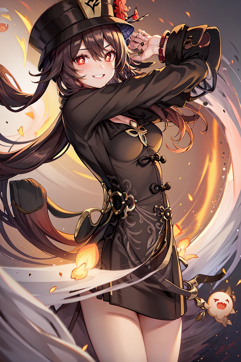 1girl, hu tao (genshin impact), hat, flower on hat,brown hair, twintails, smile, dress, long hair, off-shoulder dress, ahoge, looking at viewer, red dress, bare shoulders, grin, red eyes, flower-shaped pupils, blush, bangs, breasts, choker, collarbone, solo, nail polish, black nails, ribbon choker, bow, hair between eyes, hair ornament, sidelocks, cleavage, wrist ribbon, very long hair, teeth, cowboy shot