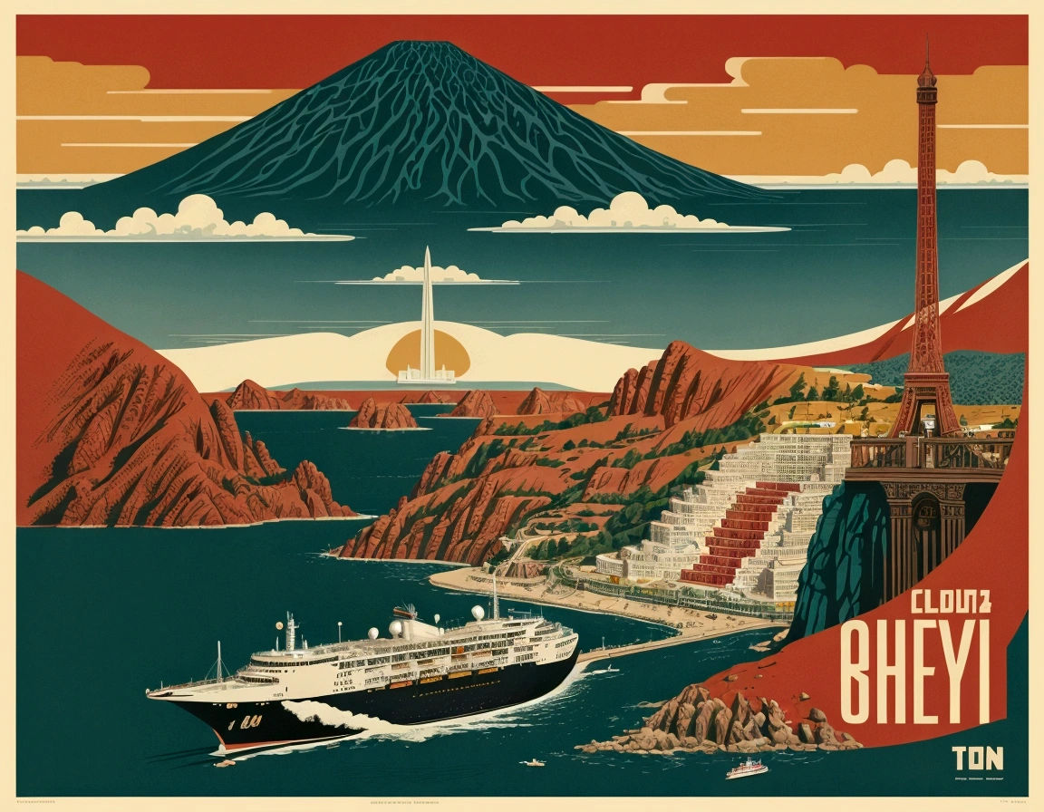 Create a retro print inspired by old travel posters, showcasing iconic destinations with a nostalgic twist