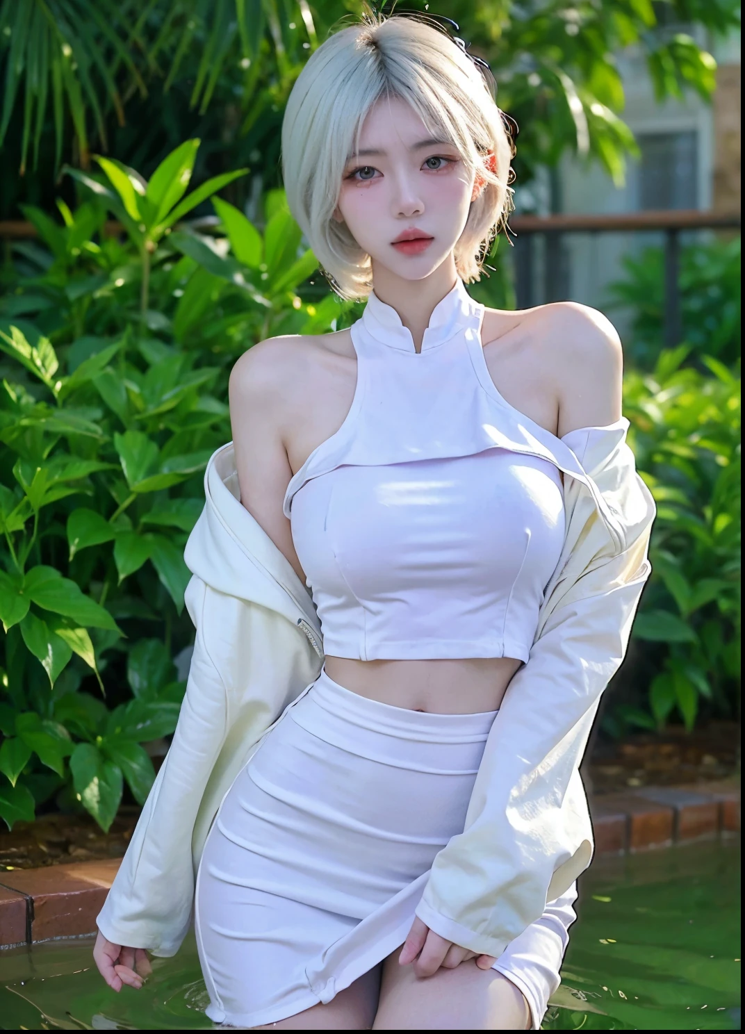 Beautiful woman with perfect figure:1.4,Ultra-high resolution,White legs,Put your hands behind your back,Swimming background,Big breasts:1.6,(Realism:1.4),perspective,Layered hairstyle,Snow white skin,JK:1.5,Super short pleated skirt,whole body:1.4,Very delicate and skin texture,Double eyelids,Skin Whitening,Long hair,White hair