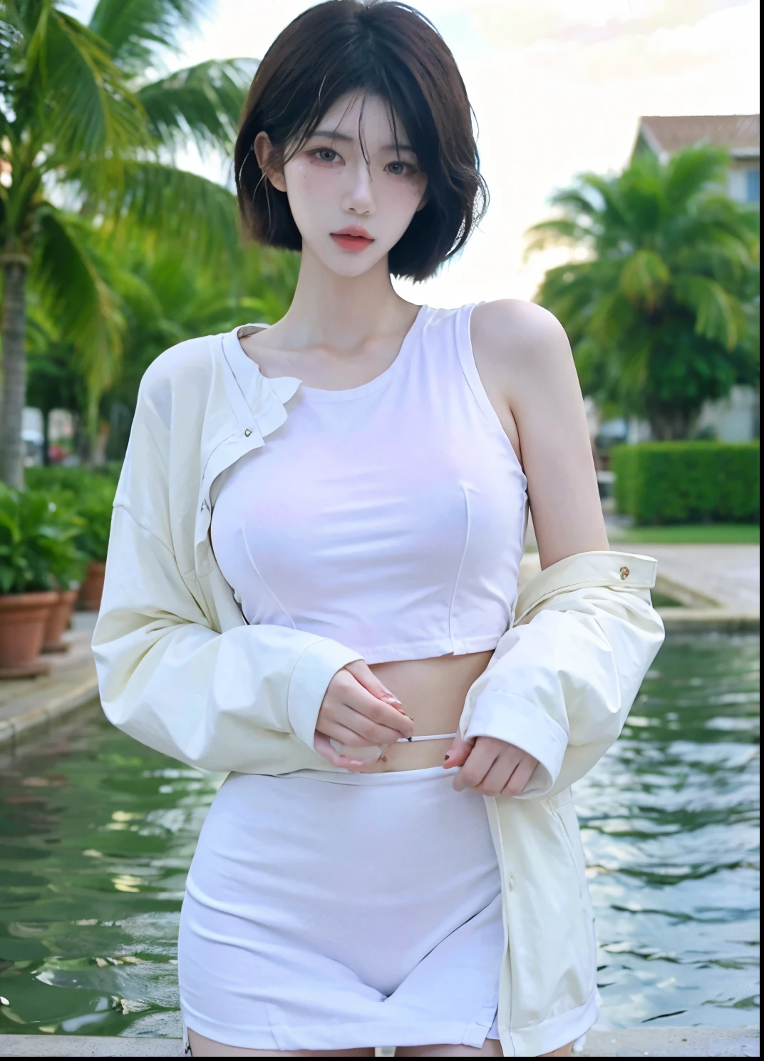 Beautiful woman with perfect figure:1.4,Ultra-high resolution,White legs,Put your hands behind your back,Swimming background,Big breasts:1.6,(Realism:1.4),perspective,Layered hairstyle,Snow white skin,JK:1.5,Super short pleated skirt,whole body:1.4,Very delicate and skin texture,Double eyelids,Skin Whitening,Long hair,White hair