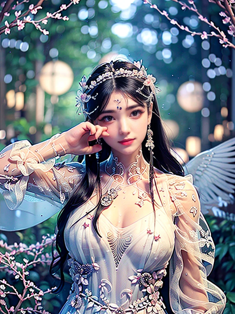 (Highest quality,8K,CG,beautiful,Upper body details,,,Floral Background,Detailed facial features,long flowing hair,,Complex eye makeup,Long eyelashes fluttering,Big blinking eyes and starry gaze,Exquisite lip detail,Soft and harmonious style、(((see-through dresses 1.5)))、Sheer dress