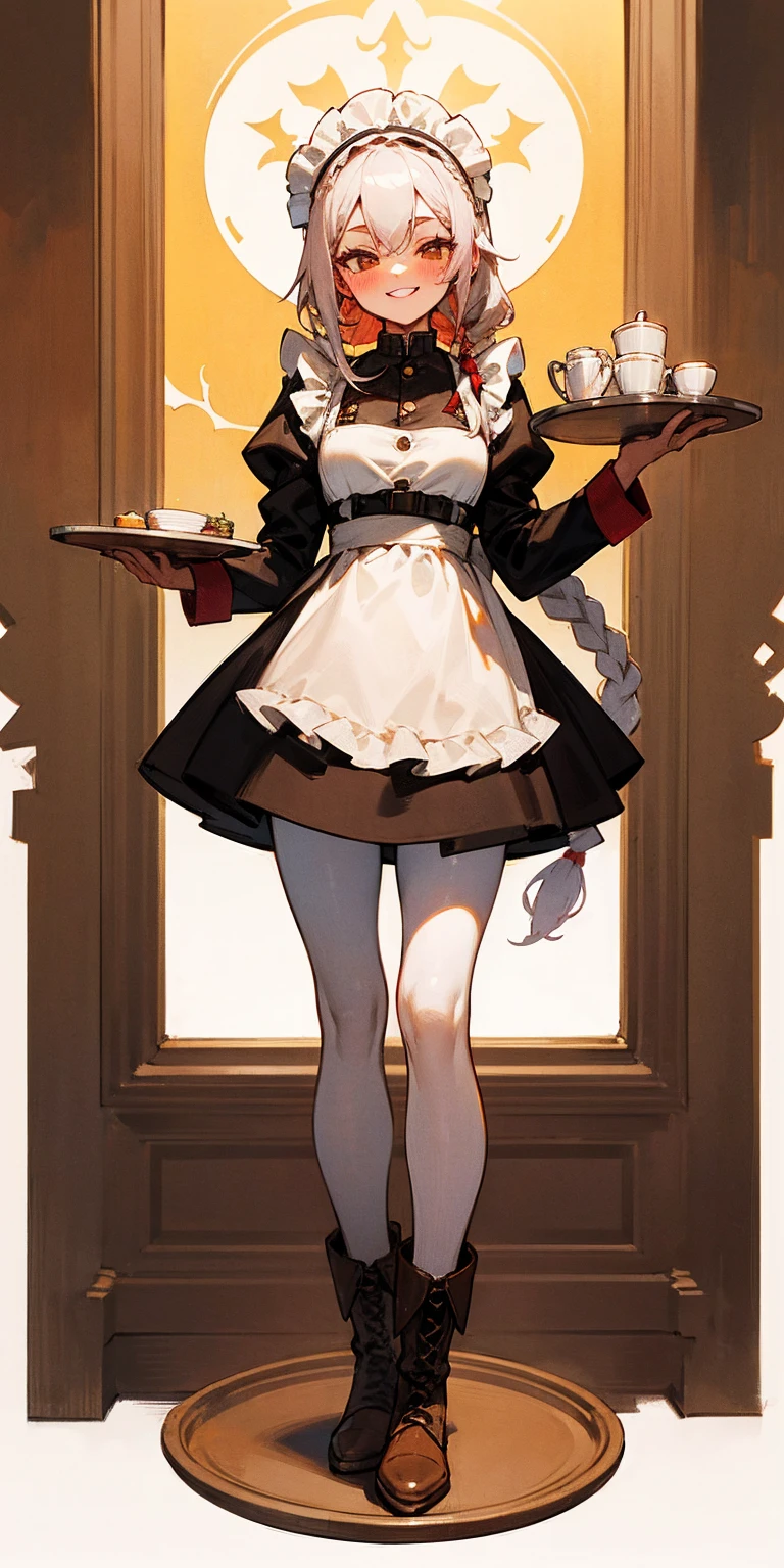 full body standing straight symmetrical, lustful smirking smile face red blush red cheeks, looking at viewer, holding tray, braid, maid headdress, maid, dress, apron, long sleeves, brown pantyhose, long leather militar boots, thighs, long white hair, masterpiece