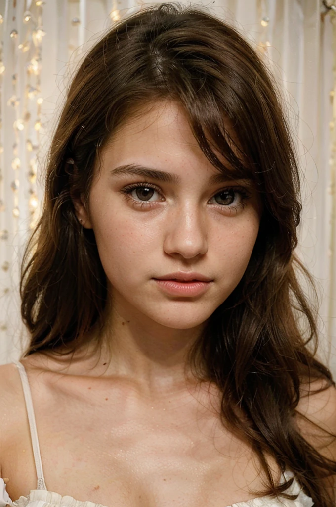 to generate a hyper-realistic image of the face of an 18 year old girl of European and American descent with perfect, well lined eyes and brown eyes, with brown hair, beautiful delicate lips and a fine and upturned nose, straight hair, tender and delicate face, kind, innocent, innocent look, delicate, tender face and without imperfections.