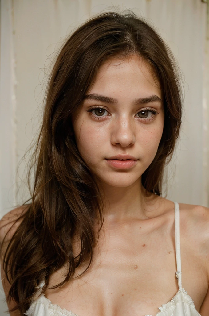 to generate a hyper-realistic image of the face of an 18 year old girl of European and American descent with perfect, well lined eyes and brown eyes, with brown hair, beautiful delicate lips and a fine and upturned nose, straight hair, tender and delicate face, kind, innocent, innocent look, delicate, tender face and without imperfections.
