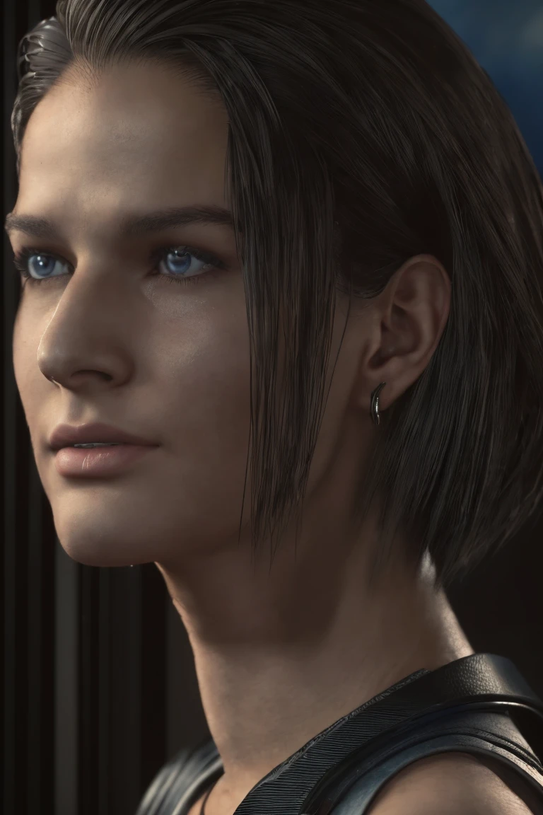 a masterpiece portrait of jill valentine from re3 remake, beautiful detailed blue eyes, detailed brown hair in long bob hairstyle, oval face, woman sitting on a bed looking out the window of a city, dirt stains, (best quality,4k,8k,highres,masterpiece:1.2),ultra-detailed,(realistic,photorealistic,photo-realistic:1.37),HDR,UHD,studio lighting,ultra-fine painting,sharp focus,physically-based rendering,extreme detail description,professional,vivid colors,bokeh, bangs straight behind the ear:1.1