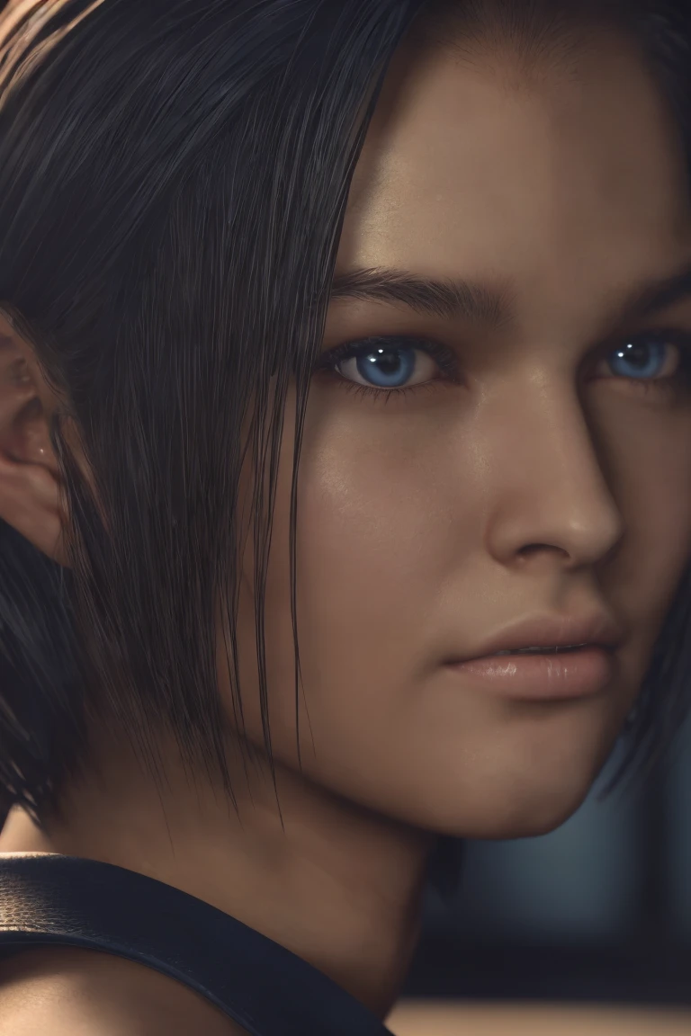 a masterpiece portrait of jill valentine from re3 remake, beautiful detailed blue eyes, detailed brown hair in long bob hairstyle, oval face, woman sitting on a bed looking out the window of a city, dirt stains, (best quality,4k,8k,highres,masterpiece:1.2),ultra-detailed,(realistic,photorealistic,photo-realistic:1.37),HDR,UHD,studio lighting,ultra-fine painting,sharp focus,physically-based rendering,extreme detail description,professional,vivid colors,bokeh, bangs straight behind the ear:1.1