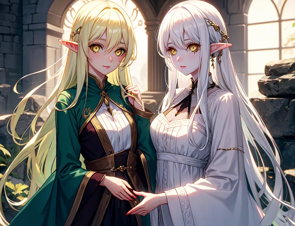 Create two elven babies with white hair and yellow eyes.