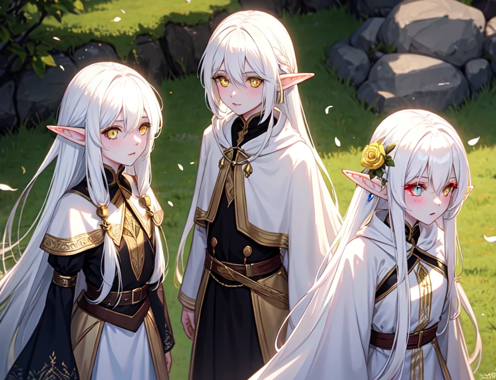 Create two elven babies with white hair and yellow eyes.