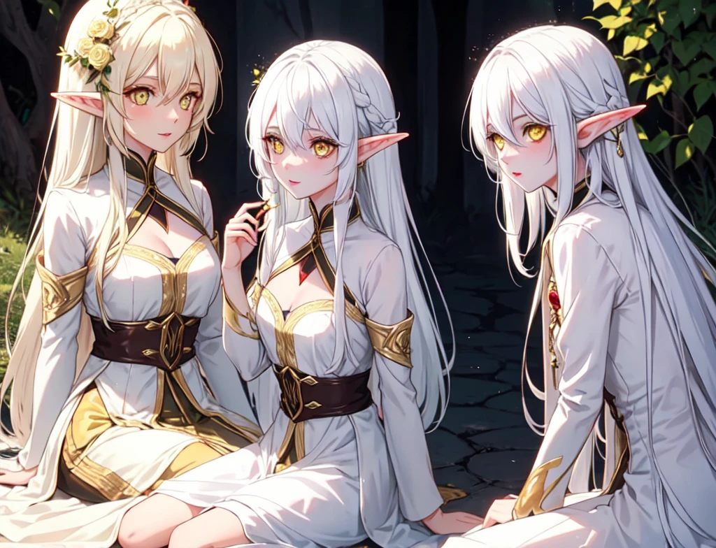 Create two elven babies with white hair and yellow eyes. 