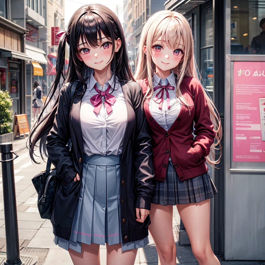best quality,,smile,cardigan,Girls hugging each other,Evolution Fashion,future fashion,blazer,ribbon on uniform,mini skirt,high school girl,multiple girls are depicted,harem,idol group,photo shoot,long hair,wearing a cardigan,highest quality,big breasts,happy girl,horny girl,pink eyes,perfect face,standing position,I have my hands in my pockets,letting down one's Bangs,beautiful eyes,gym,girls hugging each other,smooth hair,multicolored hair colors,naughty girl,School,beautiful girl,beautiful girl,loose socks