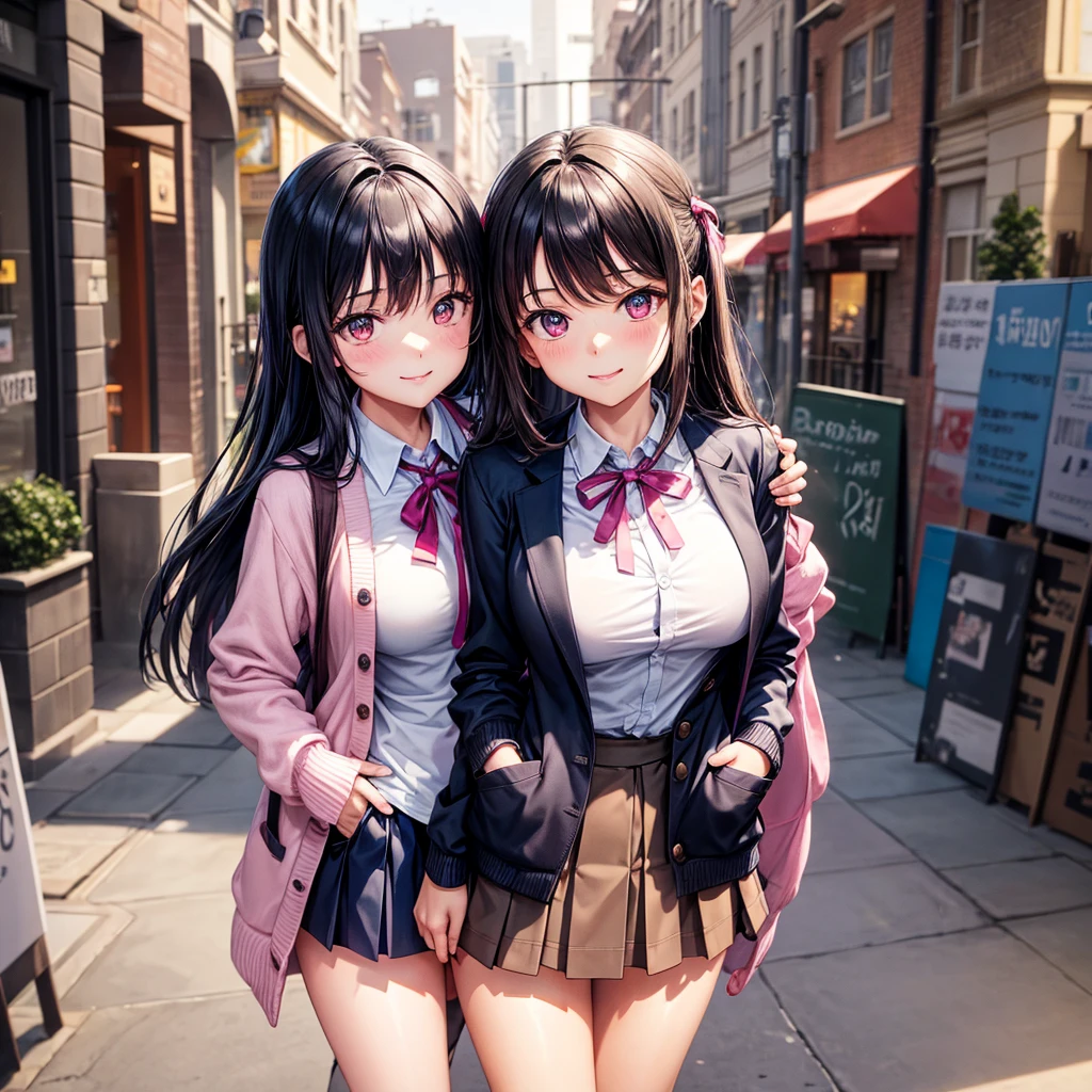 best quality,,smile,cardigan,Girls hugging each other,Evolution Fashion,future fashion,blazer,ribbon on uniform,mini skirt,high school girl,multiple girls are depicted,harem,idol group,photo shoot,long hair,wearing a cardigan,highest quality,big breasts,happy girl,horny girl,pink eyes,perfect face,standing position,I have my hands in my pockets,letting down one's Bangs,beautiful eyes,gym,girls hugging each other,smooth hair,multicolored hair colors,naughty girl,School,beautiful girl,beautiful girl,loose socks