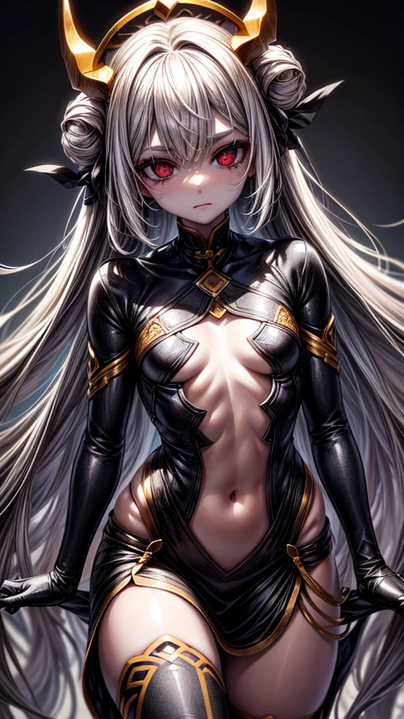 humanoid woman, height two meters and fifteen, gray skin color, long bronze hair color, two large ivory horns, black eye sclera, amber iris color
