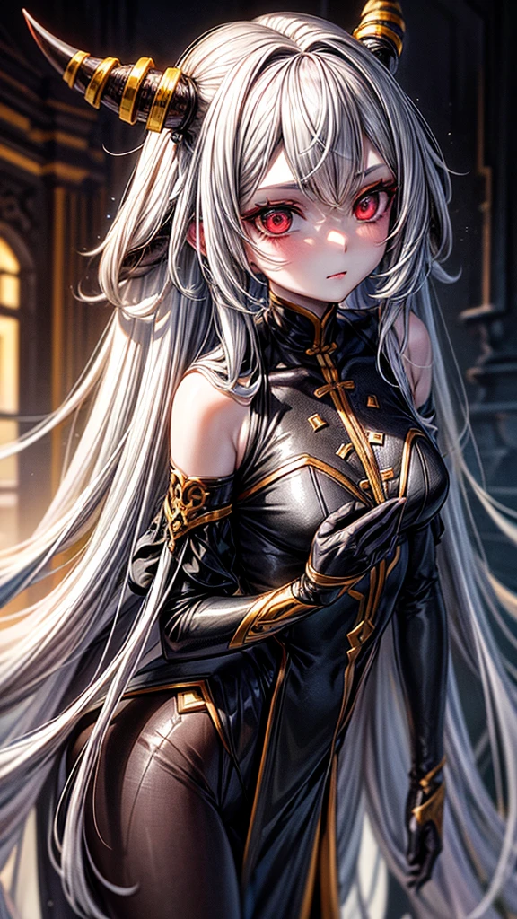 humanoid woman, height two meters and fifteen, gray skin color, long bronze hair color, two large ivory horns, black eye sclera, amber iris color