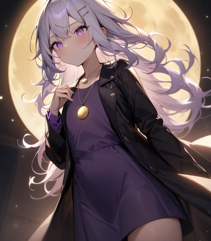 (masterpiece, best quality:1.3), (Extremely detailed:1.3), 1 girl, solitary, (white hair with light purple streaks hair, Messy hair, Long hair), (golden moon necklace, golden moon hair clip), flat chest, light purple eyes, (purple shirt, Black Tie, Black coat, Open coat), Cowboy shooting, Light, (((Glowing Light particles))), (Put your hands behind you), Dynamic Angle,