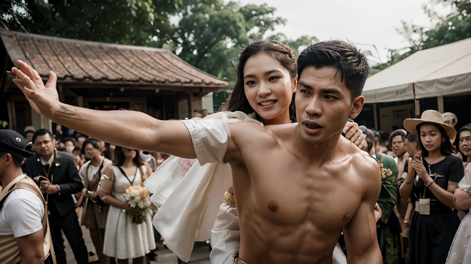 ผู้ชาย,ยุคกลาง,สงคราม,นักรบ,ระเบิด,ไฟ,Pole-bearer warrior,Wartime atmosphere,Carry a woman,A man carrying a woman in a bridal carry